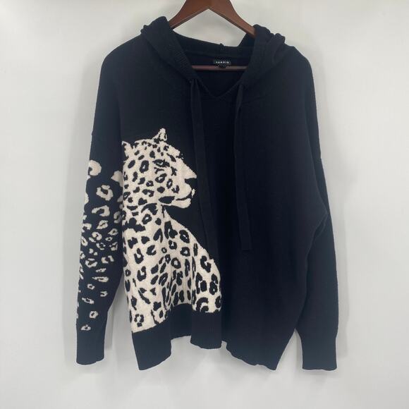 Torrid Knit Leopard Graphic Hooded Sweater Intarsia Knit Black White Womens 1X - Picture 2 of 8